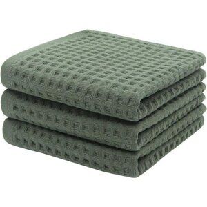 Olive Green Cotton Waffle Hand Towels 3 Pack Quick Dry Absorbent Bathroom Kitche